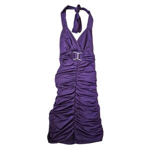 VTG Shelly Purple Ruched Halter Mini Dress Size S Buckle Bodycon Clubwear